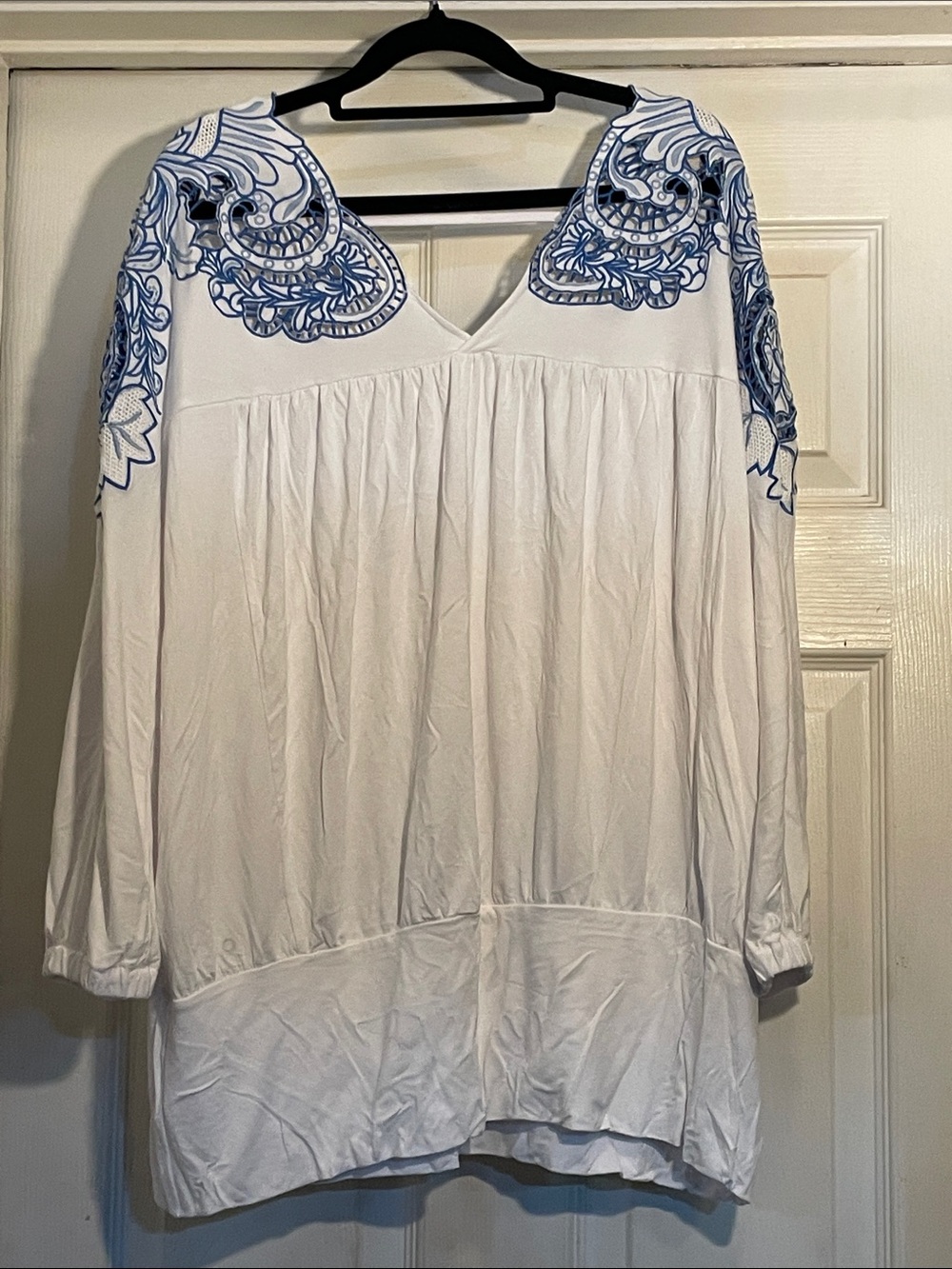 Boston Proper White Tunic with Blue Embroidered Yoke
